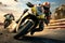 Motorcycle rider rides on the race track. Motosport Concept. Background with copy space.