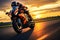 Motorcycle rider rides on the race track at sunset or sunrise, Motorcycle rider on sport bike rides fast on race track at sunset.