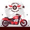 Motorcycle rider team poster, vector illustration. Bike on street with urban city background and wheel label, decorated