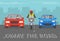 Motorcycle rider between two cars on the road. Share the lane warning poster design template.