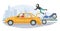 Motorcycle road accident, vector illustration. Motorbike collision with car. Motor vehicle crash, injured motorcyclist.