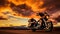 A motorcycle on the road on sunset background