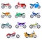 Motorcycle set. Motorbike and scooter, bike and chopper. Motocross and delivery vehicles side view isolated vector flat