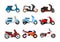 Motorcycle set. Motorbike and scooter, bike and chopper. Motocross and delivery vehicles side view isolated vector flat icons