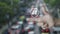 Motorcycle with shield flat icon on finger over blur of rush hour with cars and road in city, Business motorbike insurance concept