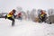 Motorcycle skijoring racers ride on track of Czech championship competition 2017 in Klasterec nad Orlici, Czech republic