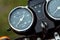 Motorcycle speedometer close-up, biker riding on the road