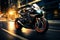 Motorcycle speeds with motion blur, EBR racing in an urban environment