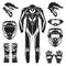 Motorcycle suit and protective gear vector flat icon set