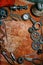 Motorcycle tools, equipment and repair, chain, gearÑ– on vintage metal backgroun. Vertical background