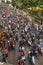 Motorcycle traffic jam in city centre during celebrate football fans winning AFF Suzuki Cup 2014.