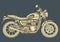 Motorcycle vector, vintage drawing. Yellow motorbike half-face with many details on a gray blue background