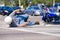 Motorcycle wreck at a busy intersection