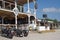 Motorcycles parked in front of a bar