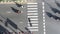Motorcycles pass across pedestrian crosswalk road in city top aerial view