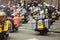 Motorcycles stand in the parking lot in anticipation of riders, motorcycle rear view, moto travel