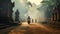 Motorcyclist in Asian street at sunset, driving pass the old temple. Beautiful mist and light reflection after rain