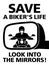 Motorcyclist in the car mirror. Text save the life of a biker. Poster sticker