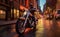 A motorcyclist on a chopper motorcycle rides down a New York street in the evening light