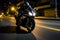 Motorcyclist riding fast on city street at night. Generative AI