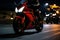 Motorcyclist riding fast on city street at night. Generative AI