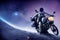 motorcyclist with space suit riding on moon with storm galaxy