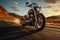 Motorcyclist speeds on highway at sunrise, open road beckoning ahead