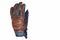 Motorcyclists Concepts. Closeup of Modern Leather Tan Motorcyclist Protection Glove with Decorative Stitches. Against White