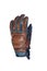 Motorcyclists Concepts. Closeup of Modern Leather Tan Motorcyclist Protection Glove with Decorative Stitches. Against White