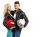Motorcyclists couple with helmets