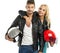 Motorcyclists couple with helmets