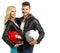 Motorcyclists couple with helmets