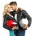 Motorcyclists couple with helmets