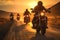 Motorcyclists ride into the sunset, a camaraderie of friends cruising