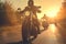 Motorcyclists road sunset group friends ride. Generate Ai