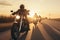 Motorcyclists road sunset ride nature outdoor. Generate Ai