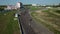 Motorcyclists starting on racing track. Aerial view moto racers driving on race