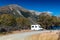 Motorhome camper at Lake Pearson / Moana Rua Wildlife Refuge, New Zealand