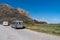 Motorhome and campervan parked by beach Playa de Orinon Cantabria North Spain