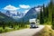 Motorhome is driving down a road in countryside among pine trees and mountains. Traveling in a camper. Generative AI