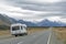 Motorhome on Mount Cook Road along the Tasman River leading to Aoraki / Mount Cook National Park