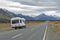 Motorhome on Mount Cook Road along the Tasman River leading to Aoraki / Mount Cook National Park