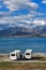 Motorhome parking by lakeside at Lake Tekapo, South Island of New Zealand