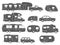 Motorhome silhouettes. Rv cars, camper vans, caravan recreational vehicles, auto trailer for camping, campervan icons