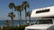 Motorhome trailer or caravan for road trip. Ocean beach, California USA. Camper van, RV motor home.