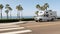 Motorhome trailer or caravan for road trip. Ocean beach, California USA. Camper van, RV motor home.