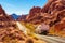 Motorhome trailer traveling on the road in Valley of Fire