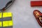 Motorist`s kit for passing technical inspection , emergency stop sign, first aid kit, reflective vest, wires for