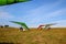 Motorized gliders stand on the ground against of a blue sky