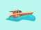 Motorized sea boat or yacht in water wave, flat vector illustration isolated.